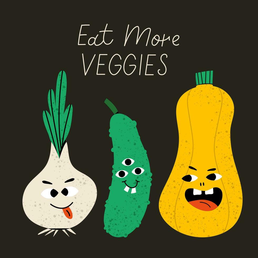 Vegetarier Poster mit Slogan. süß Gemüse Charakter mit komisch kawaii Gesicht. Hand gezeichnet Karikatur süß Illustration zum Aufkleber, Poster, Mauer Kunst. Sommer- drucken. Zwiebel, Zucchini, Gurke vektor