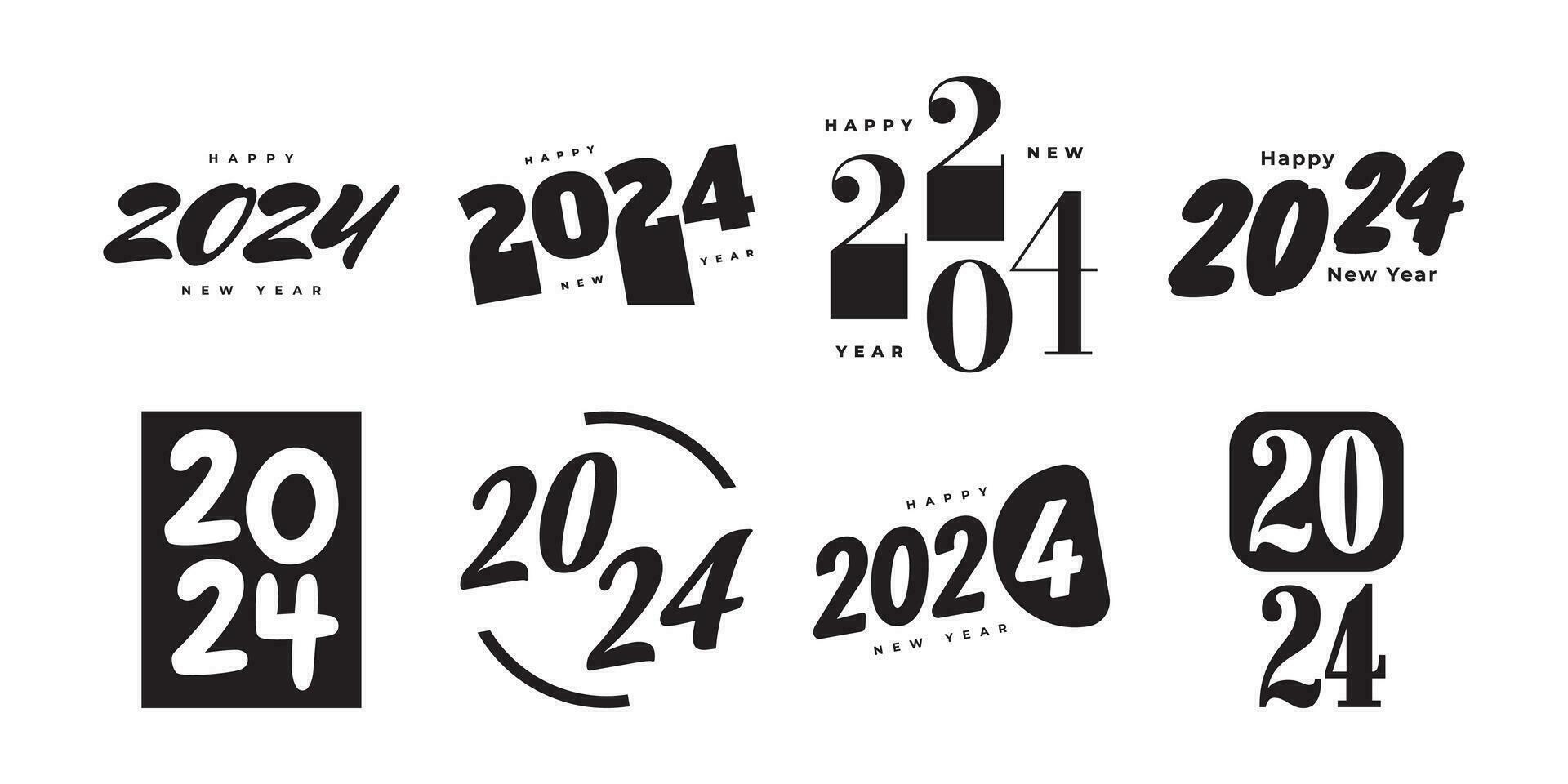 uppsättning av 2024 Lycklig ny år logotyp text design. 2024 tal eller etiketter med svart Färg isolerat på vit bakgrund. ny år symbol vektor