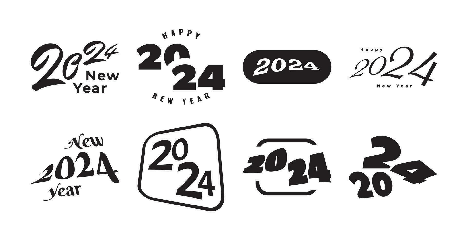 einstellen von 2024 glücklich Neu Jahr Logo Text Design. 2024 Zahlen oder Etiketten mit schwarz Farbe isoliert auf Weiß Hintergrund. Neu Jahr Symbol vektor