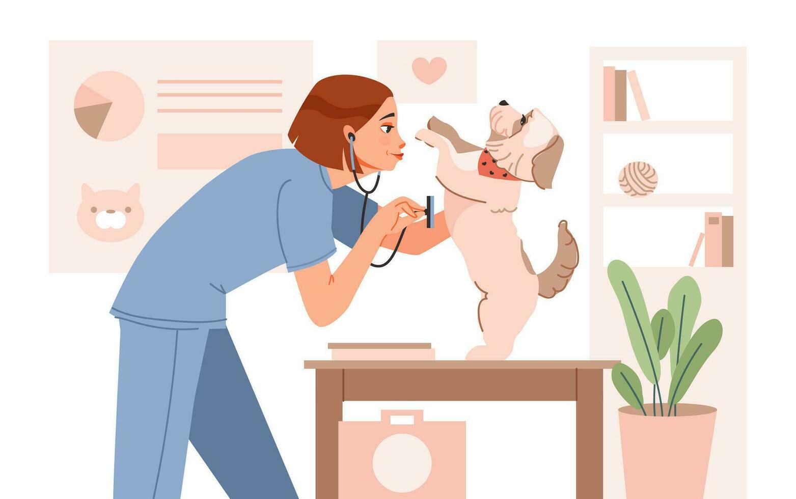veterinär läkare granskning och bota hund i veterinär kontor. husdjur i en veterinär klinik. platt vektor illustration.