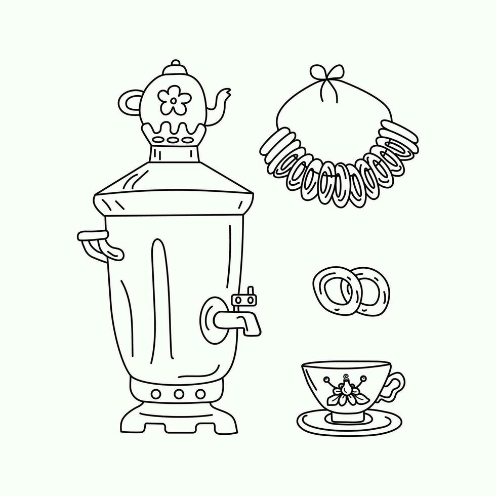 Symbole von Russisch Kultur. Geschirr zum Tee Trinken. Russisch Samowar, Gebäck, Bagels Bündel. Gekritzel, Linie Zeichnung. Vektor Grafik, Weiß isoliert Hintergrund.