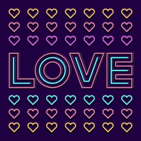 Liebes-Neonzeichen-Wort mit Herzen auf dunklem Hintergrund vektor