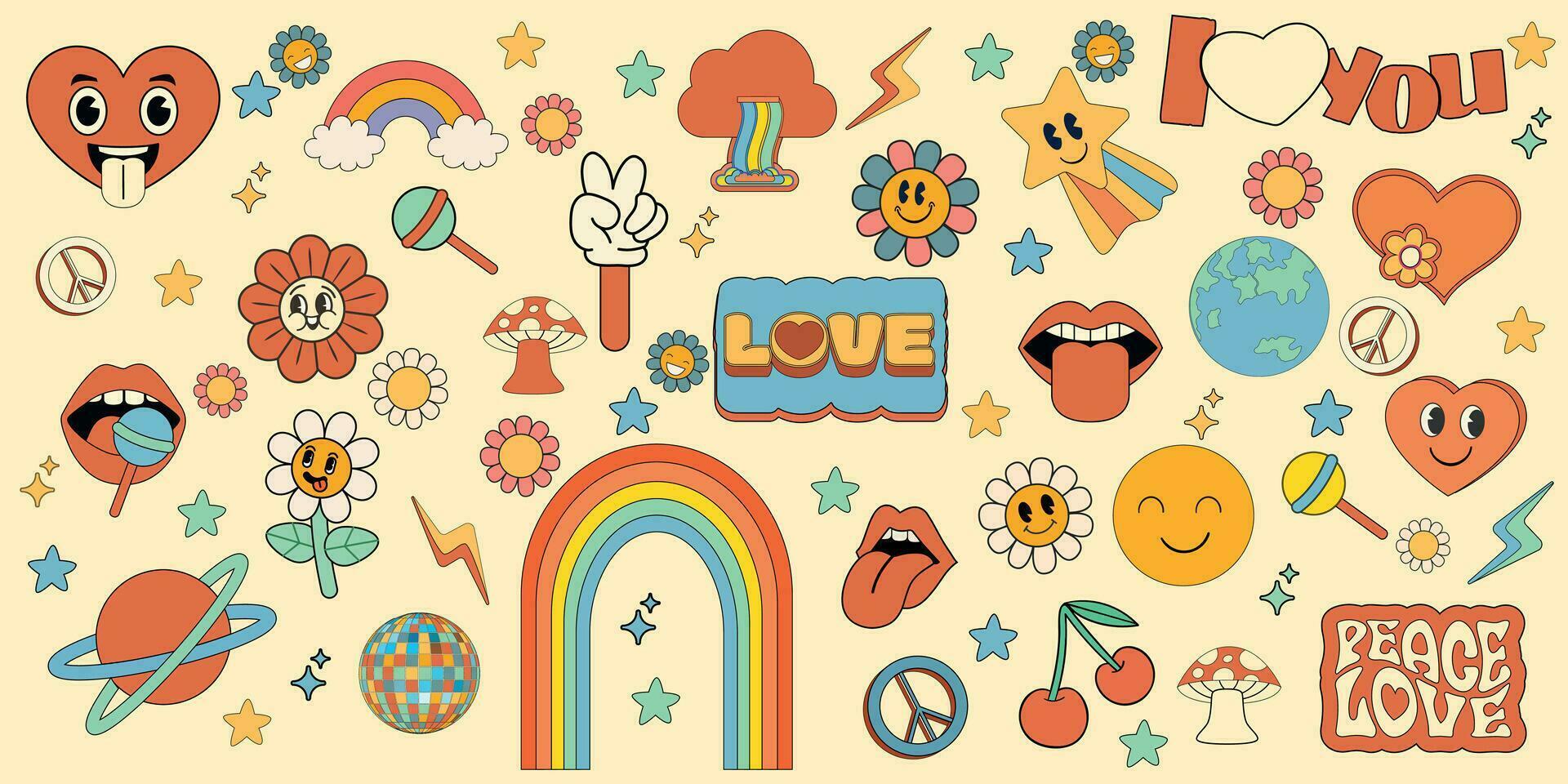 häftig hippie 70s uppsättning. rolig tecknad serie blomma, regnbåge, fred, kärlek, hjärta, tusensköna, svamp etc. klistermärke packa i trendig retro psychedelic tecknad serie stil. isolerat vektor illustration. blomma kraft.