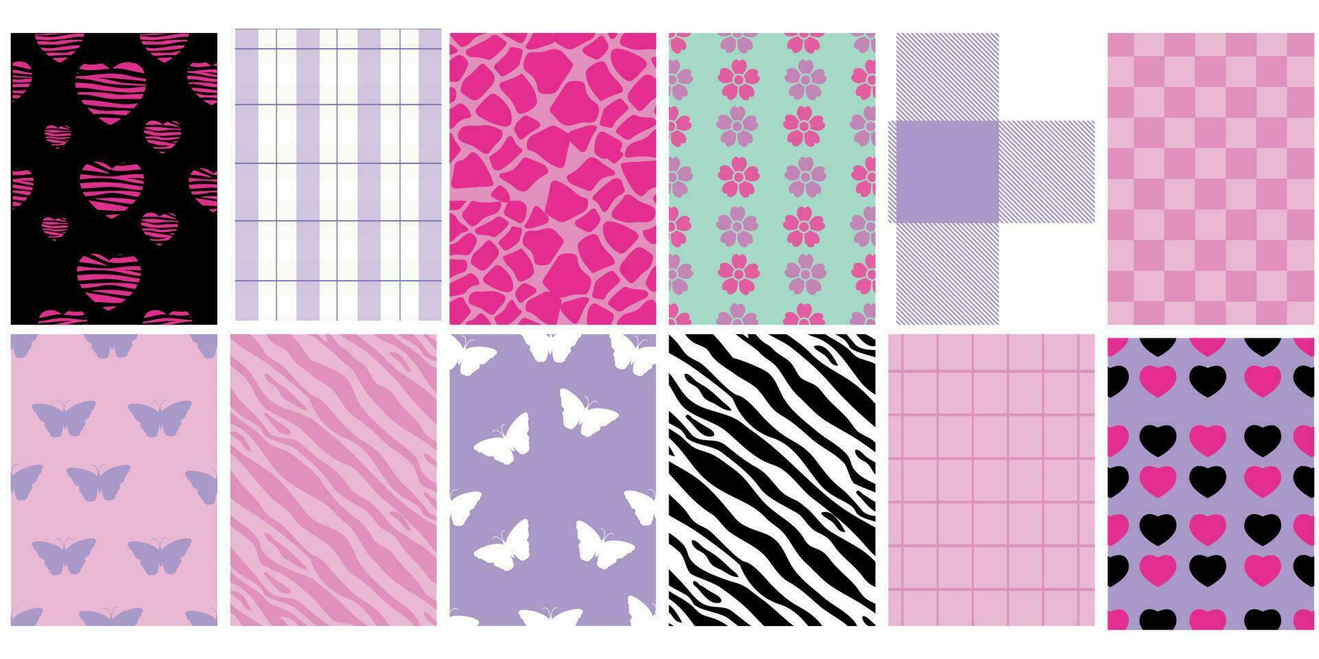 y2k glamour rosa sömlös mönster. bakgrunder i trendig emo goth 2000-talet stil. fjäril, hjärta, schackbräde, maska, leopard, zebra. 90-talet, 00-talet estetisk. rosa pastell färger. vektor