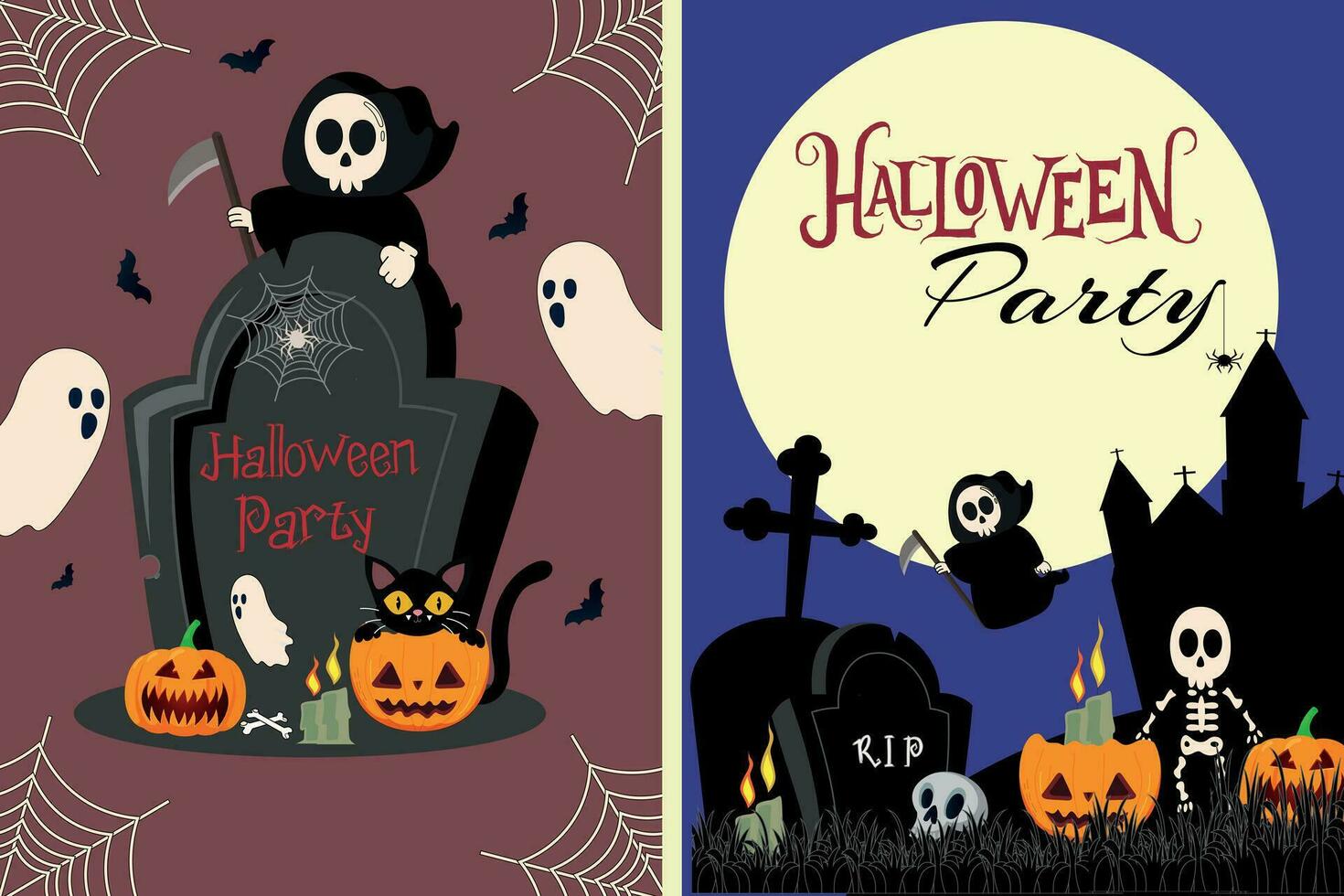 uppsättning av posters och flygblad för de halloween fest. pumpor, skelett, kyrkogård, fladdermöss och Övrig halloween symboler. vektor mall illustration.
