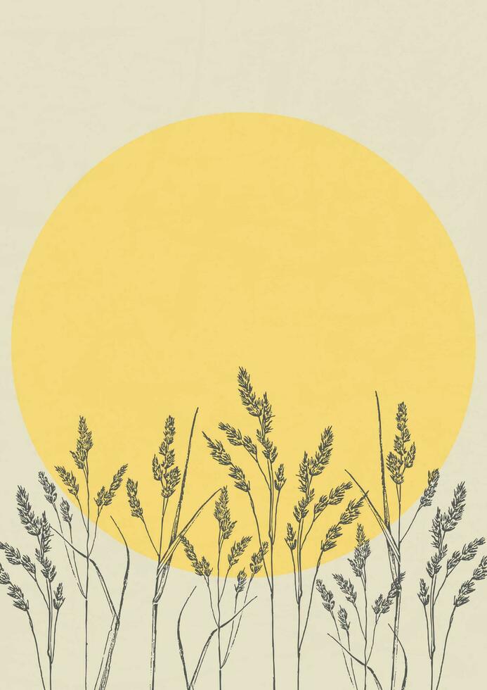 ästhetisch Poster mit Gras und Sonne Illustration. Silhouetten von Pflanzen auf Beige. modern einfarbig Vektor Poster zum Design im Jahrgang Stil.