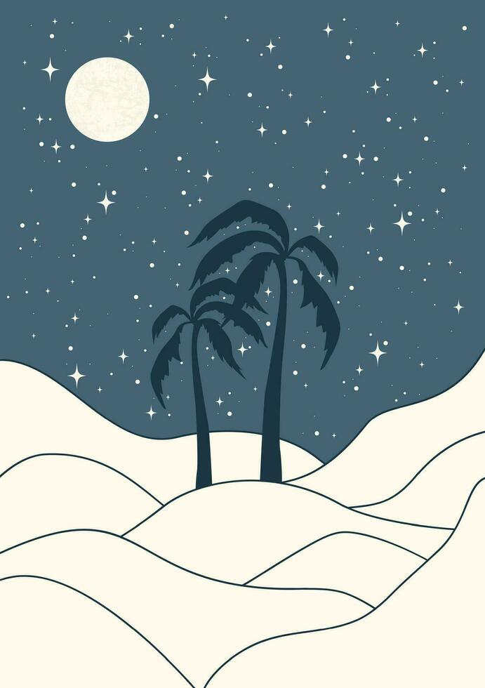 öken- landskap - palmer i natt sanddyner tryckbar illustration. blå toner, beige färger. mystiker oas vägg dekor. mitten århundrade modern minimalistisk konst skriva ut. vektor