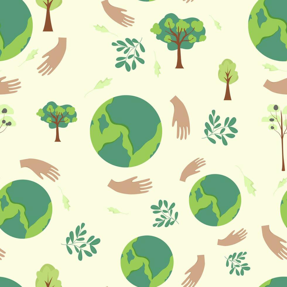 Muster. Umwelt Schutz, Ökologie Konzept Illustration im eben Stil. Erde, Pflanzen, Bäume. Erde im Hand. vektor
