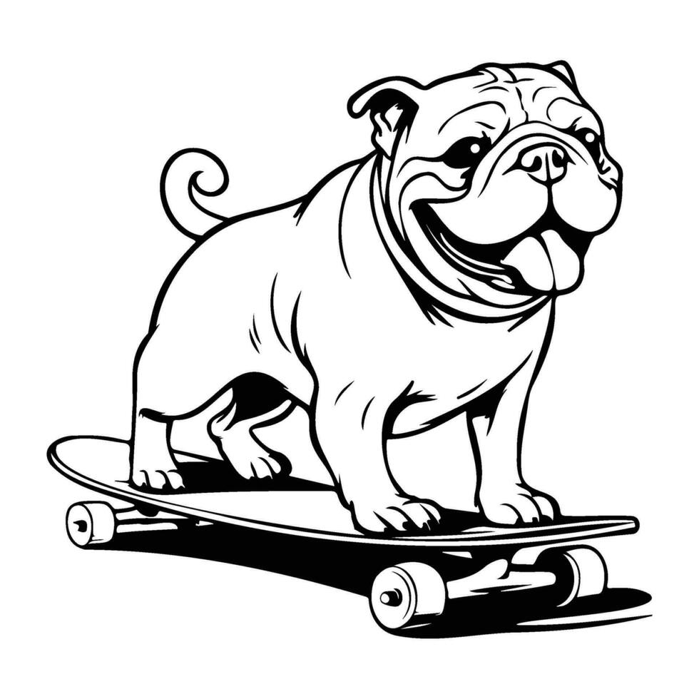 rolig och söt bulldogg på en skateboard, skateboard hund vektor