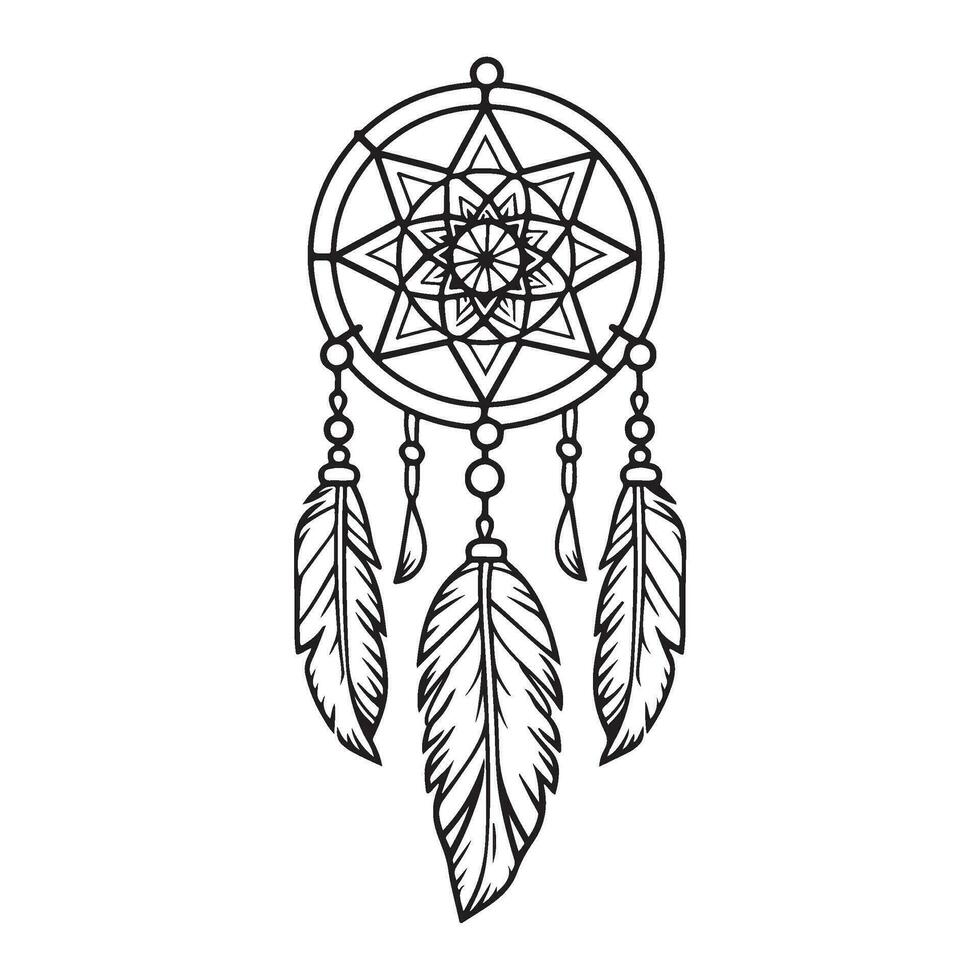 boho drömfångare, symbolism maskot tillverkad av väva och fjädrar, enkel korg- mandala. vektor