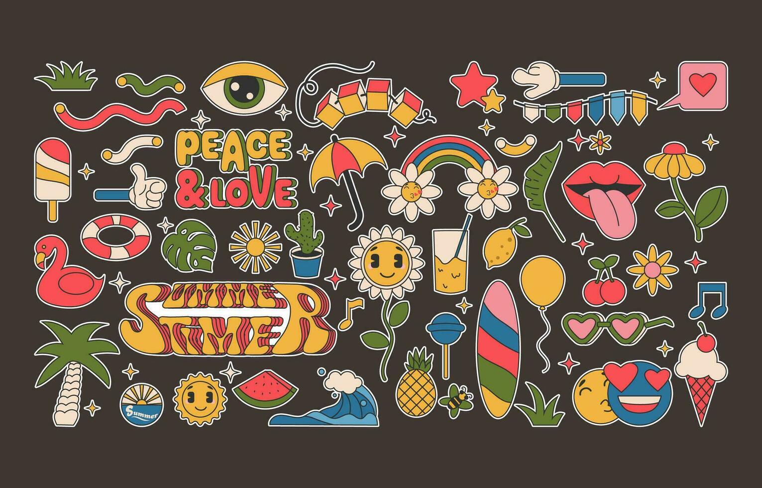 samling av tecknad serie sommar häftig klistermärken 70s med hippie stil vektor