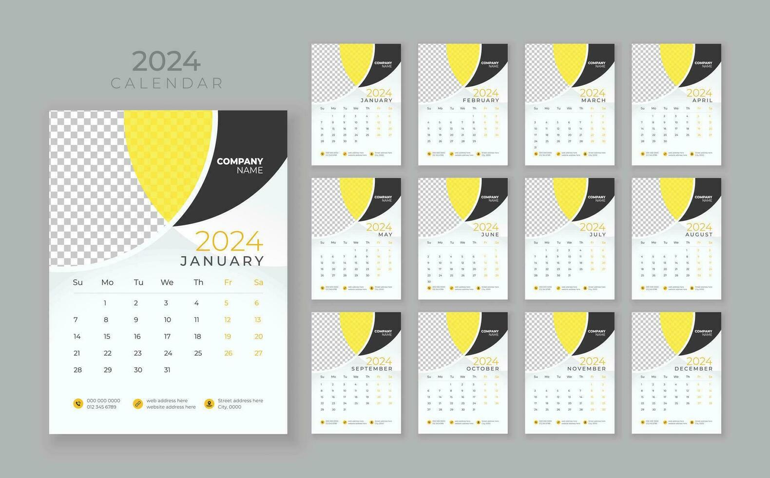 Mauer Kalender 2024, Unternehmen Kalender Vorlage, Woche Start Sonntag, Vektor Mauer Kalender 2024, Mauer Kalender im ein minimalistisch Stil