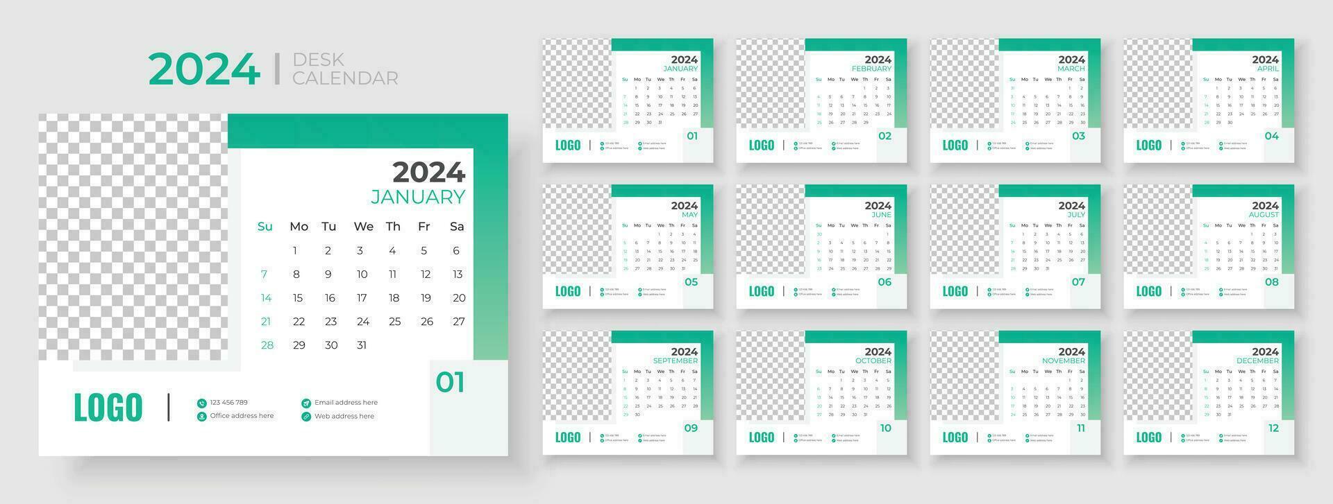 Schreibtisch Kalender Vorlage 2024, Woche beginnt auf Sonntag, Planer zum 2024 Jahr, Vorlage zum jährlich Kalender 2024 vektor