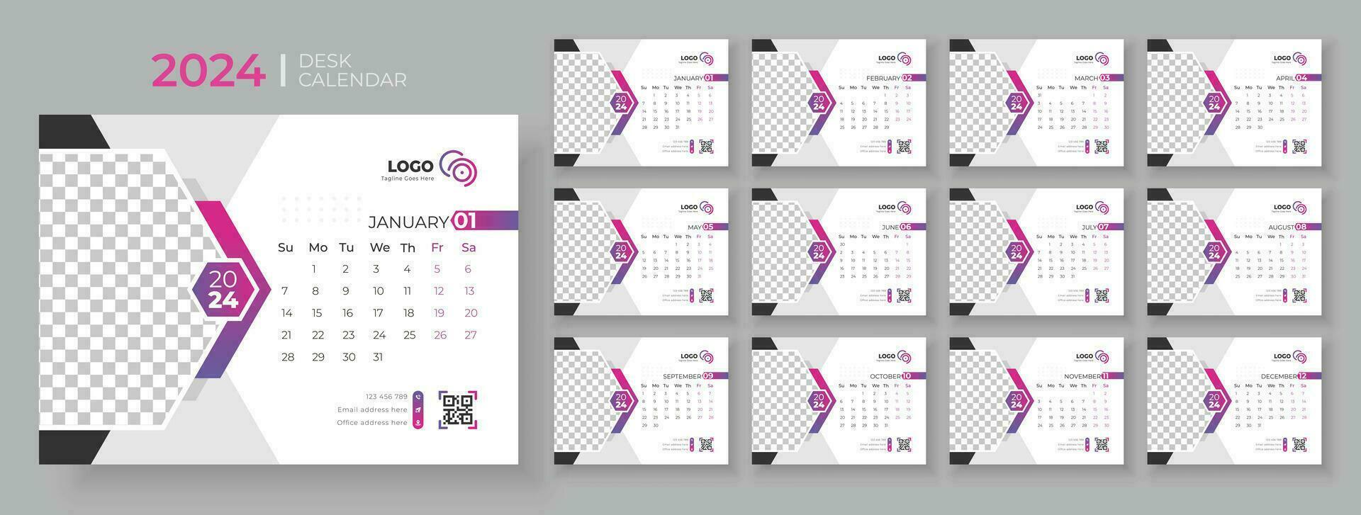 modern Schreibtisch Kalender 2024, Büro Kalender 2024, Woche beginnt auf Sonntag, Vorlage zum jährlich Kalender 2024. vektor