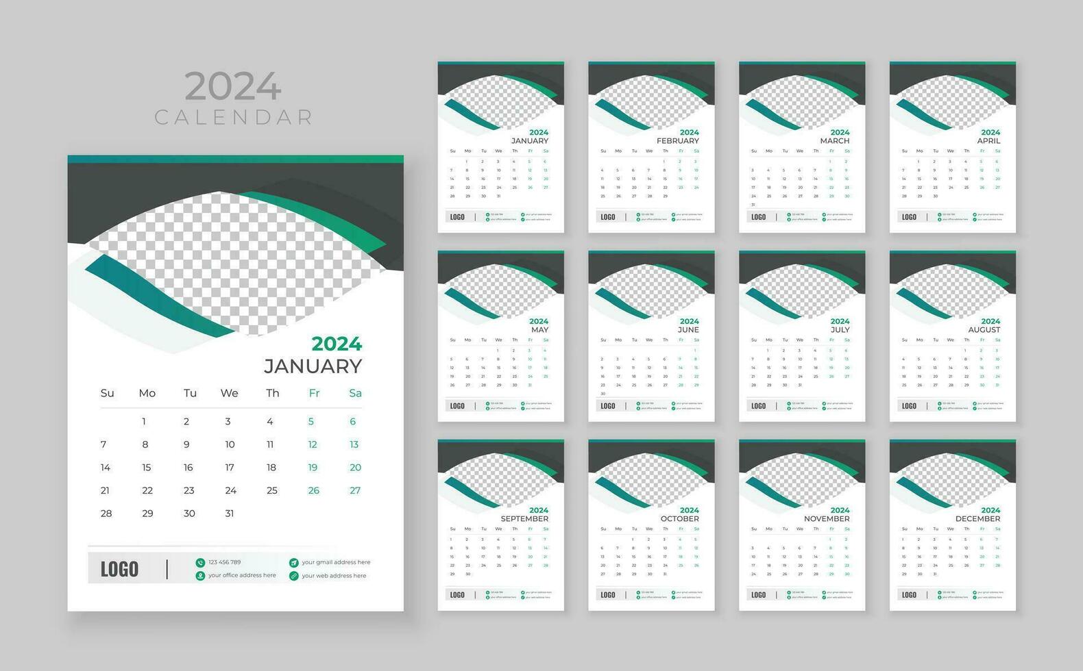 Vektor Mauer Kalender 2024, Mauer Kalender 2024, korporativ und Geschäft Planer Vorlage im Englisch, Woche Start Sonntag, Mauer Kalender im ein minimalistisch Stil