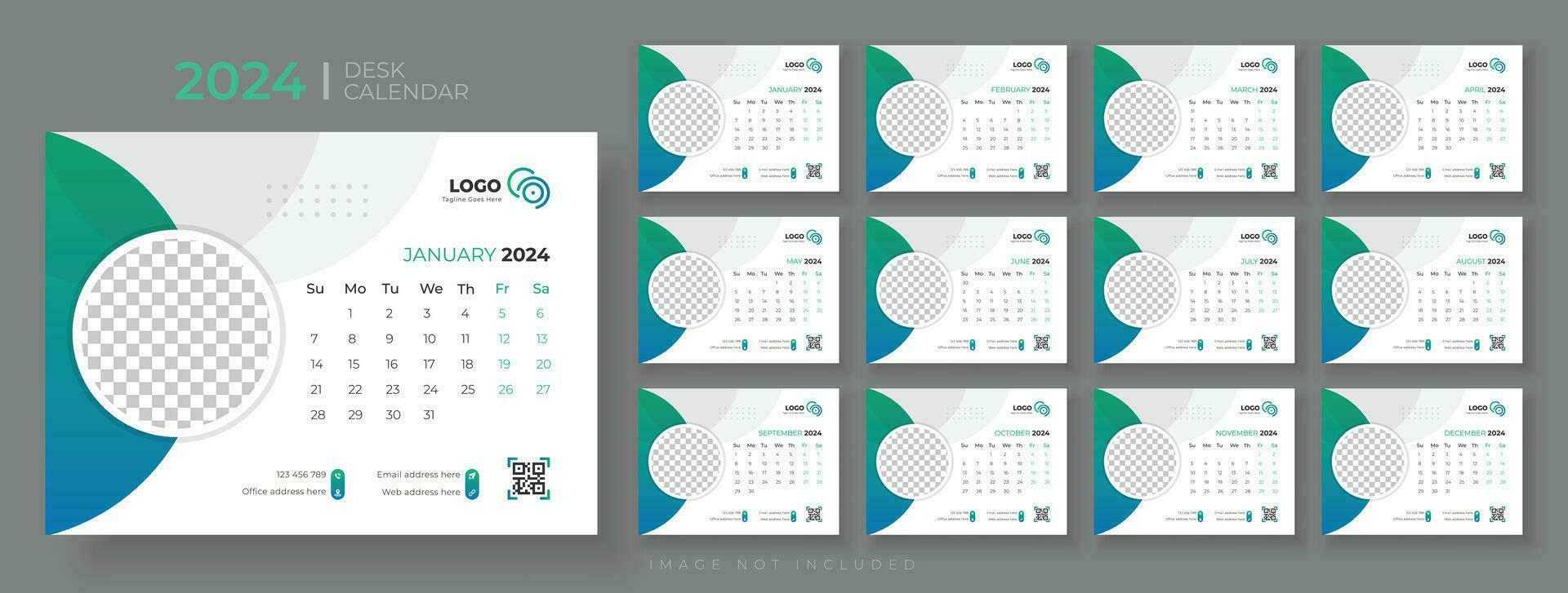 Schreibtisch Kalender 2024 Vorlage Design, Büro Kalender 2024, Woche beginnt auf Sonntag, Planer zum 2024 Jahr, Vorlage zum jährlich Kalender 2024 vektor