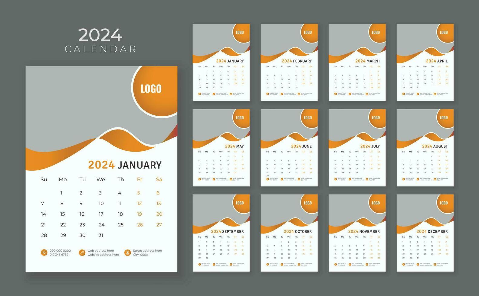 12 sida vägg kalender 2024, företag kalender mall, vecka Start söndag, vägg kalender i en minimalistisk stil vektor