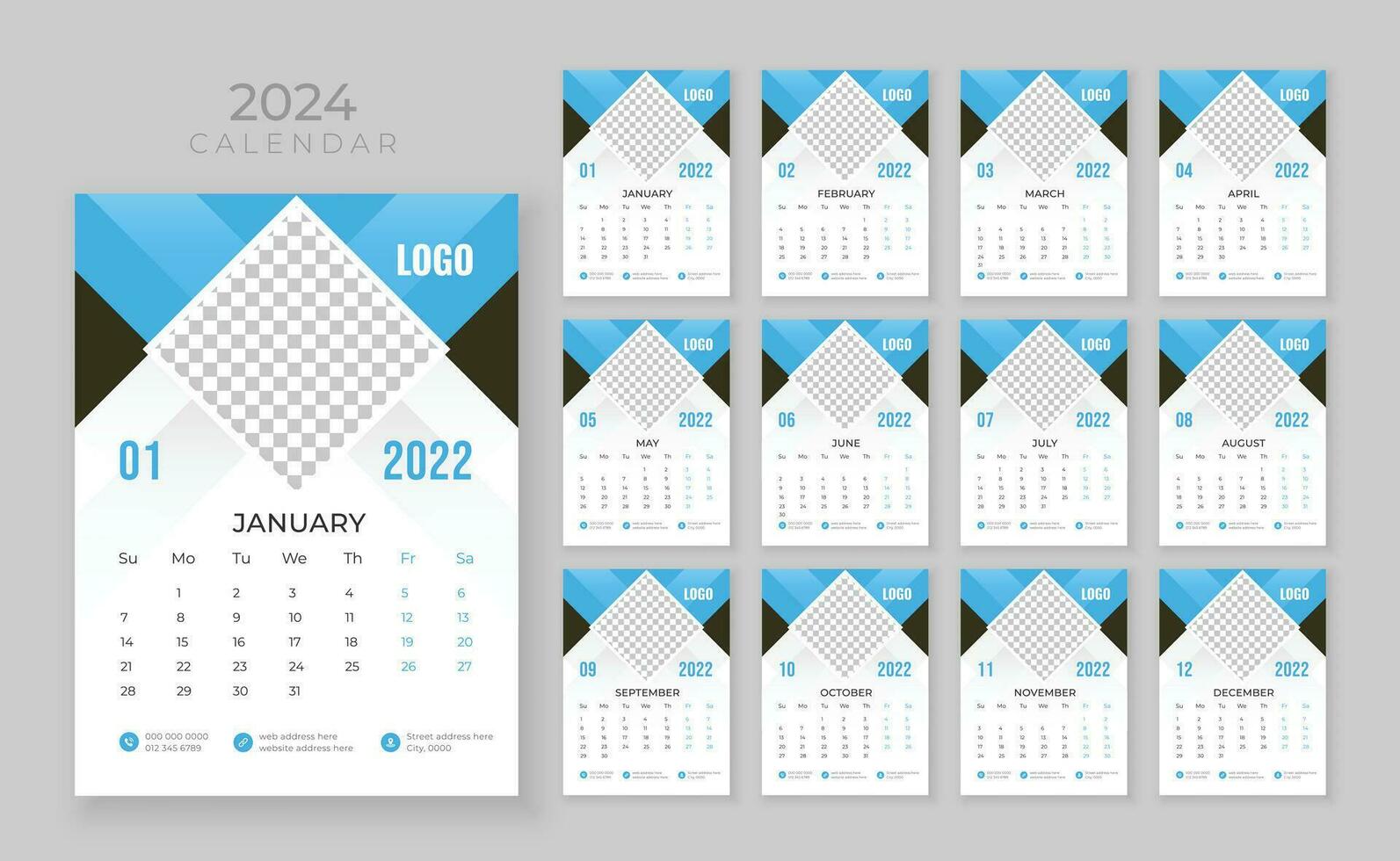 12 Seite Mauer Kalender 2024, Unternehmen Kalender Vorlage, Woche Start Sonntag, Mauer Kalender im ein minimalistisch Stil vektor
