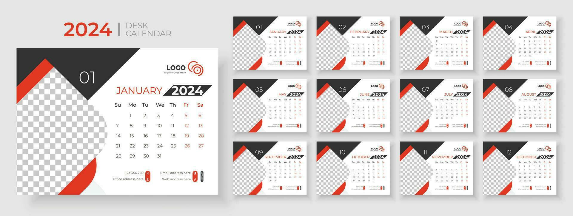 skrivbord kalender 2024 mall design, kontor kalender 2024, vecka börjar på söndag, planerare för 2024 år, mall för årlig kalender 2024 vektor