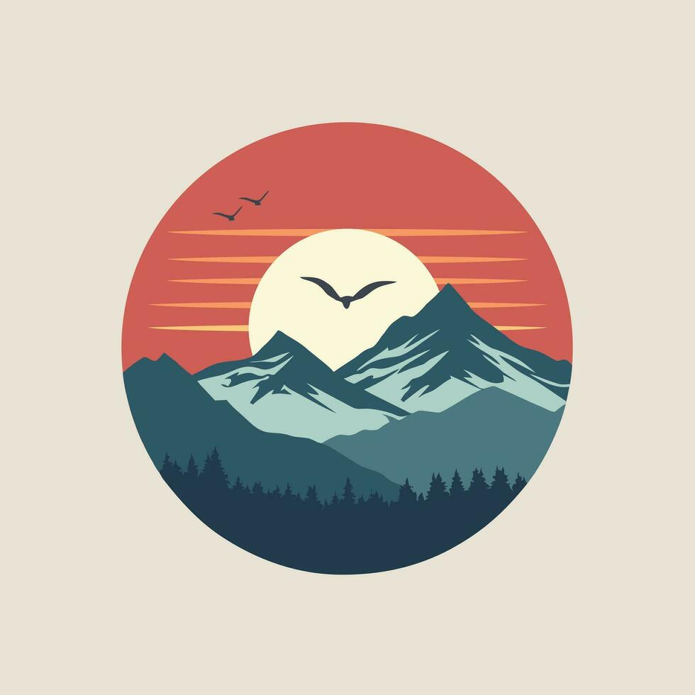 årgång styled berg logotyp, klistermärke, eller affisch mall terar en solnedgång ovan de silhuett av berg toppar. vektor illustration.
