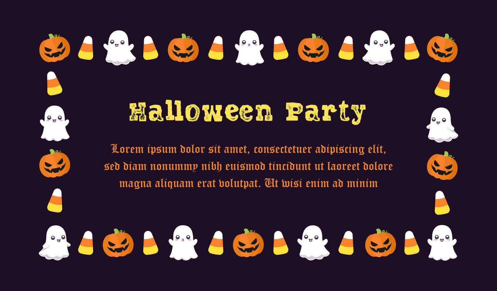 söt halloween fest inbjudan ram mall. rektangel halloween gräns design med tecknad serie spöke, domkraft o lykta, pumpor, godis majs. social media baner vektor illustration