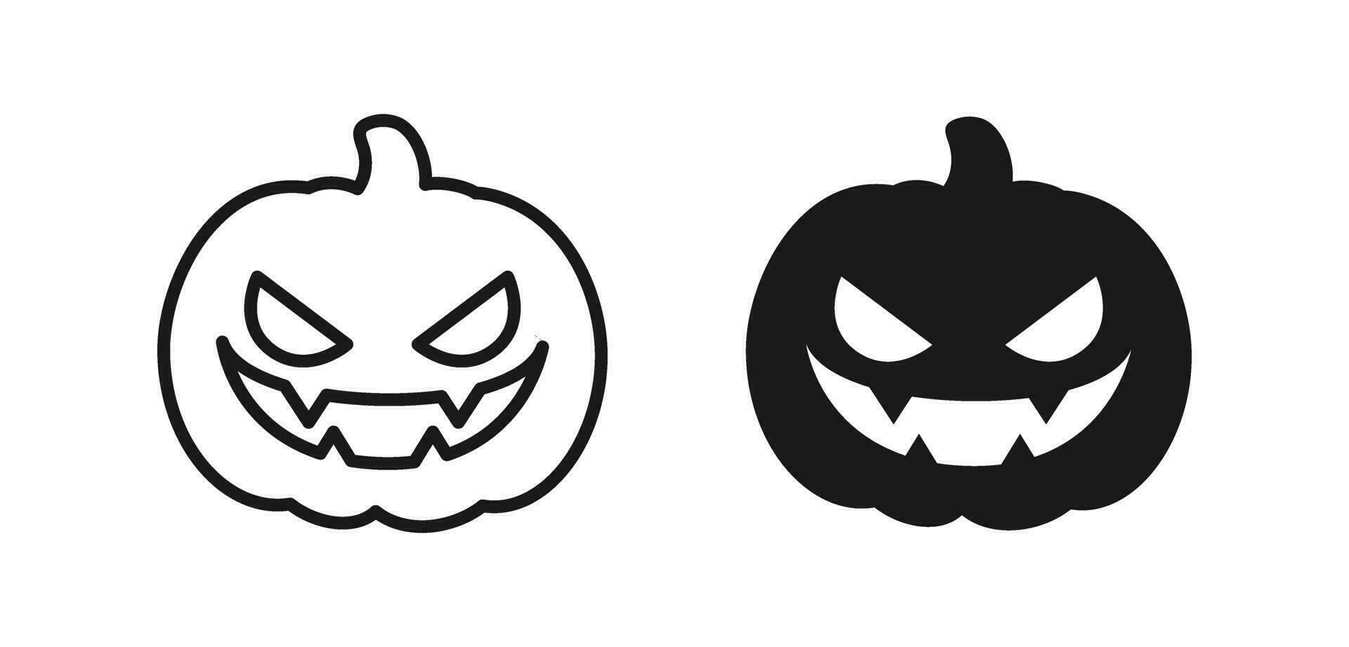 söt enkel domkraft o lykta översikt och silhuett ikon uppsättning. halloween ondska pumpa lura eller behandla tecken symbol. vektor illustration.