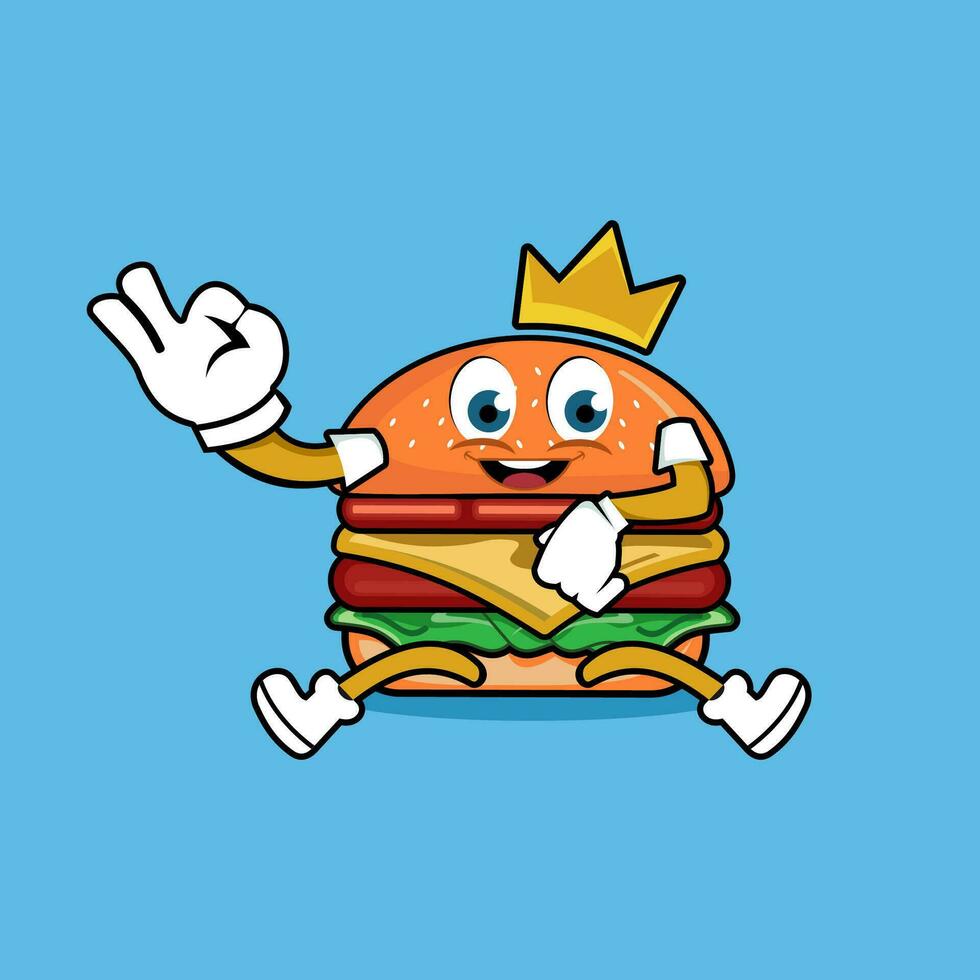 burger kung platt tecknad serie ikon isolerat på blå bakgrund. enkel burger i platt stil, vektor illustration för webb och mobil design. snabb mat element vektor tecken symbol