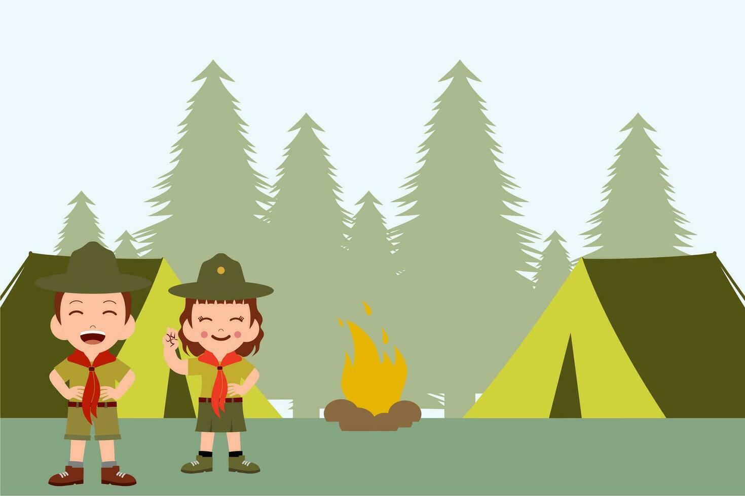 Camping Pfadfinder. Lagerfeuer erkunden Junge im Wald Silhouette Vektor