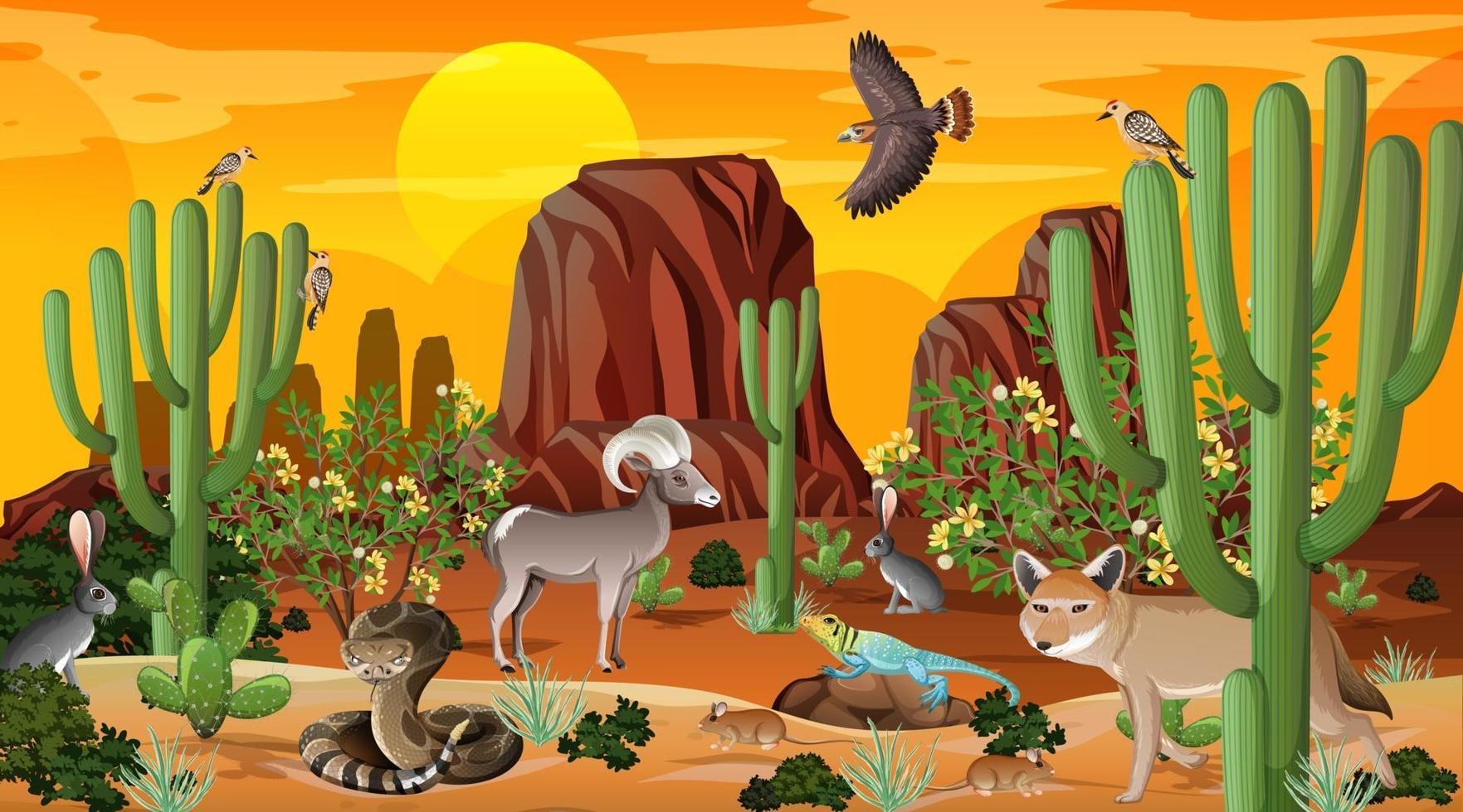 Wüstenwaldlandschaftsszene bei Sonnenuntergang mit wilden Tieren vektor