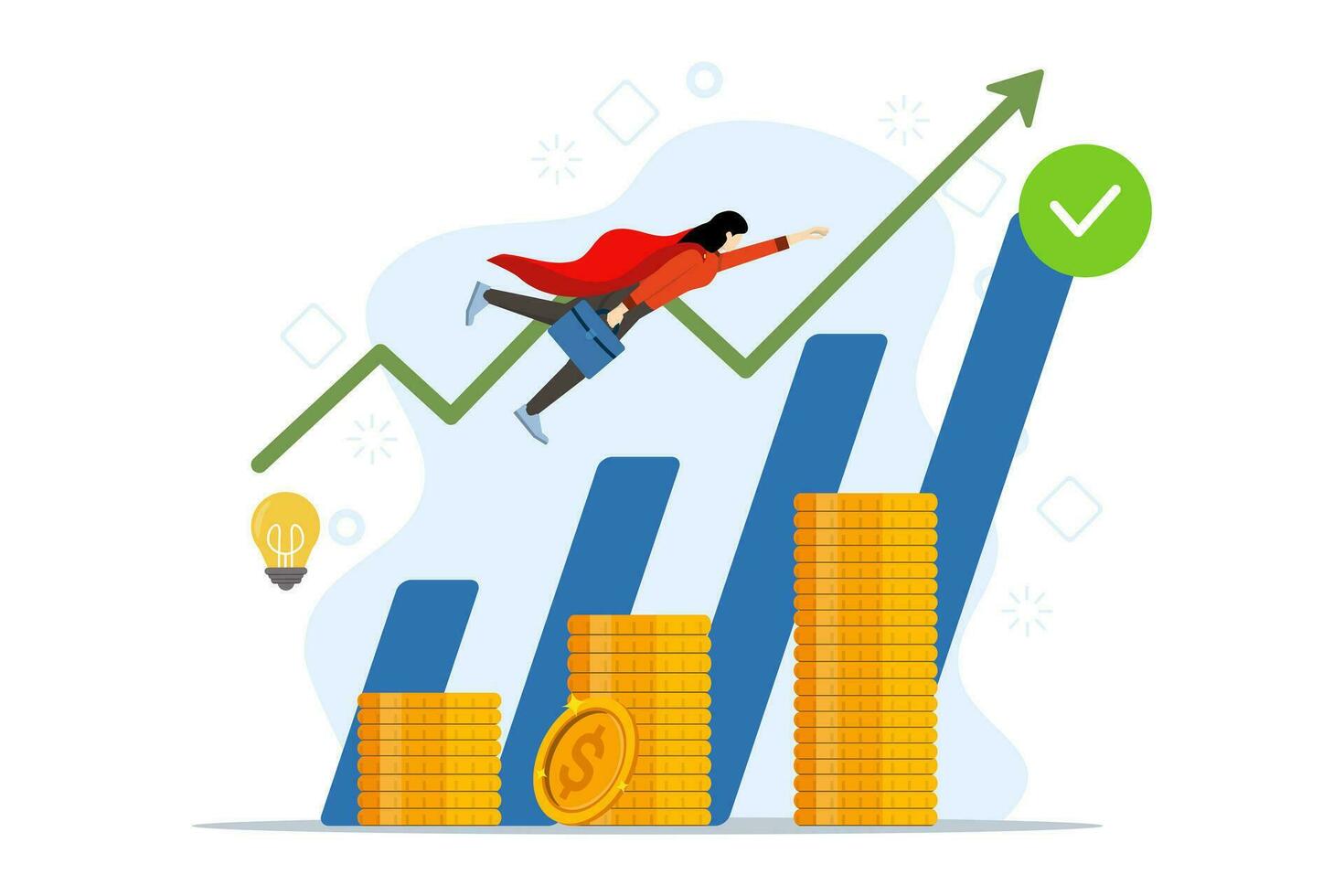 Geschäft Investition Konzept. Dollar Stapel Münzen, Menschen Charakter, Geld Objekt. Zeichen fliegend Über das Grafik verbessern das Grafik. finanziell Wachstum erhöht sich gegenüber Erfolg. Illustration. vektor