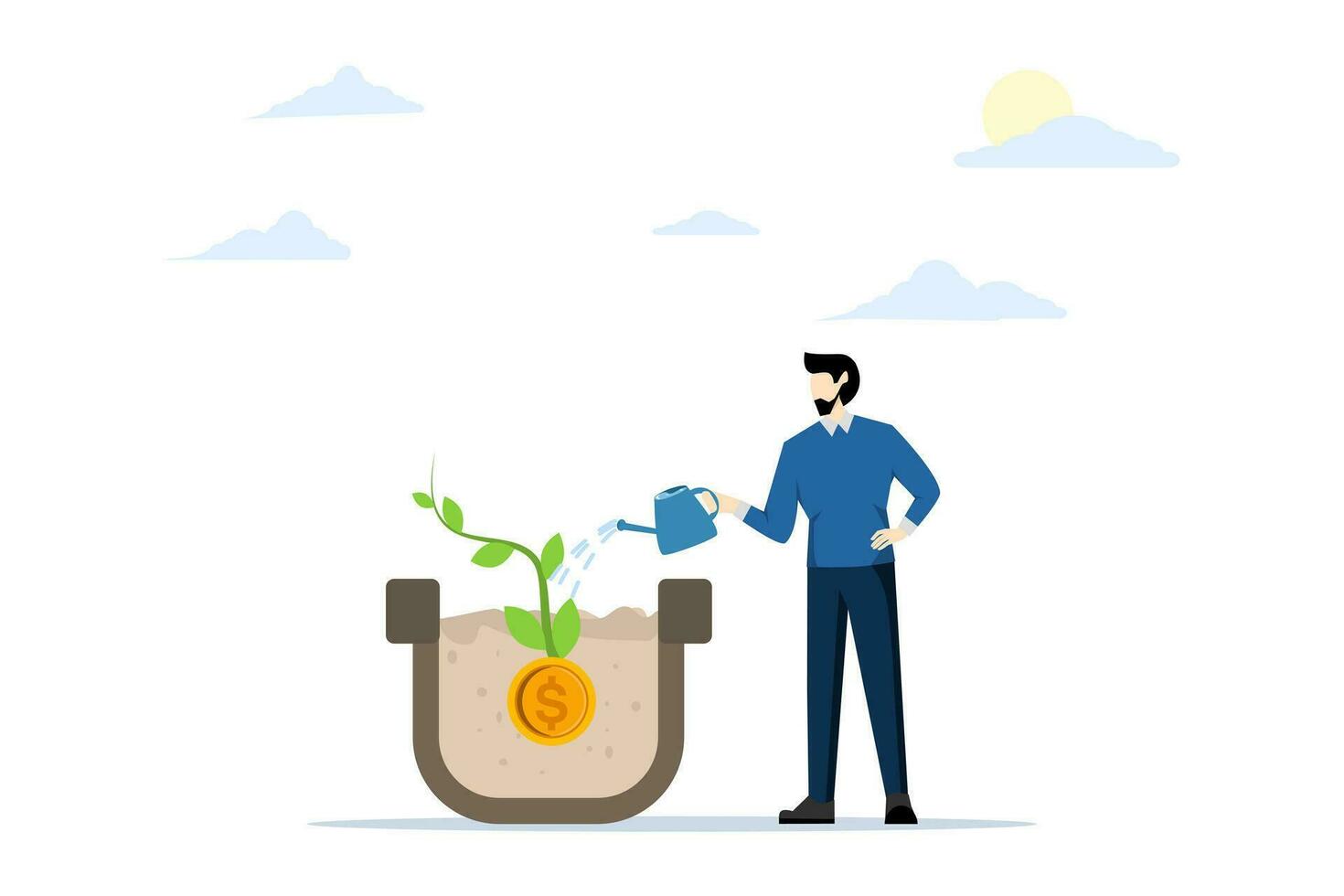 investerare vatten de frön av de pengar växt med mynt blommor. finansiell och investering tillväxt, vinst öka, Framgång i rikedom förvaltning. platt vektor illustration på en vit bakgrund.