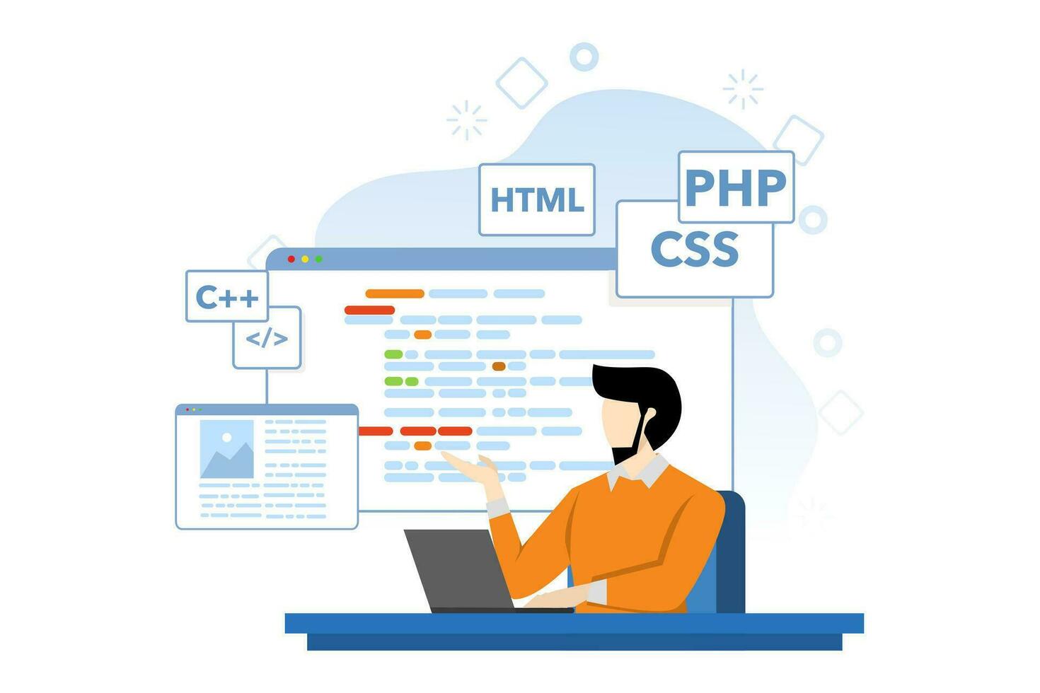 webb utveckling begrepp, tecken är design och utvecklande webbplatser och appar, mottaglig webb design, hemsida gränssnitt, kodning och programmering, platt vektor illustration på bakgrund.
