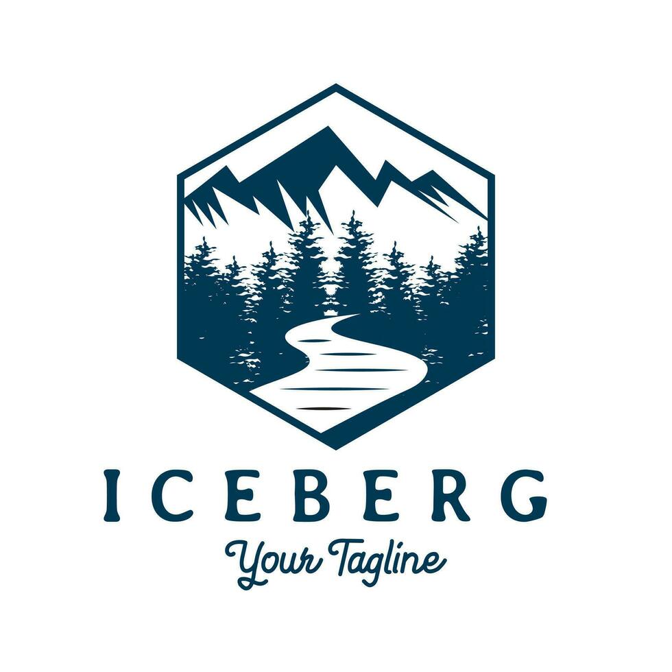 Eis Schnee Berg Hügel Bach Fluss und Kiefer Bäume Jahrgang retro Stil zum Abenteuer Abzeichen Logo Design Vektor
