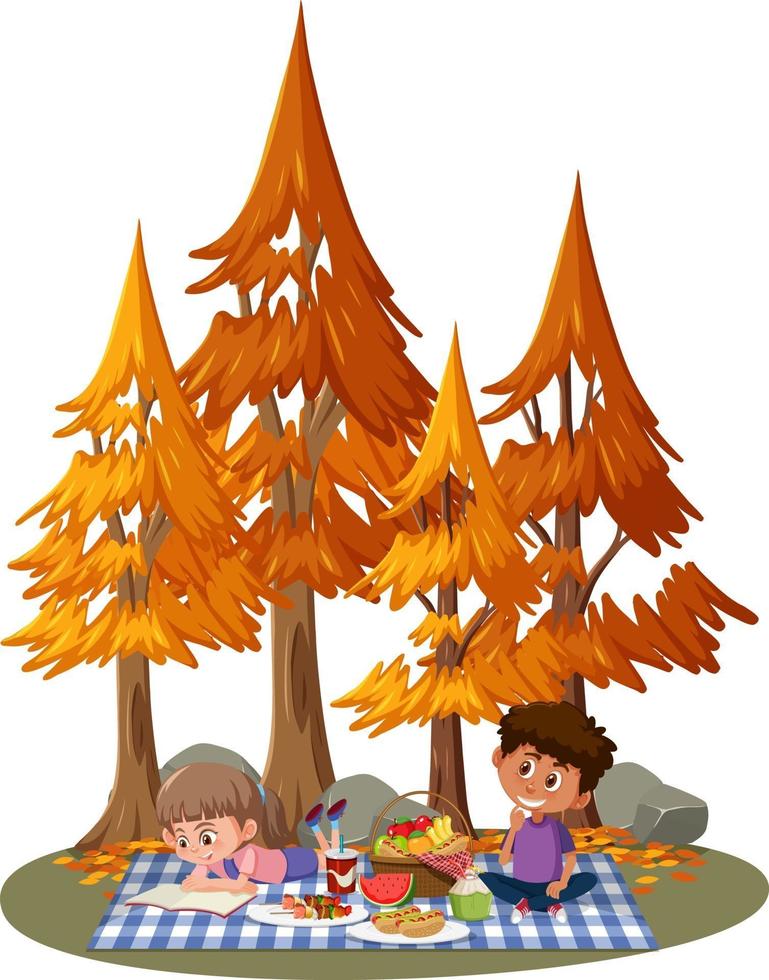 Kinder machen Picknick im Park mit vielen Herbstbäumen vektor