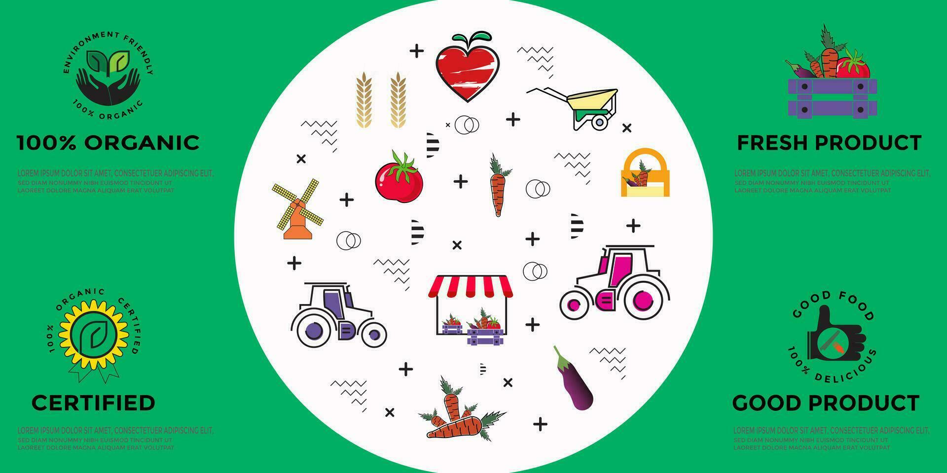 Landwirte Markt Banner. lokal Landwirtschaft. Öko, frisch Produkte, zertifiziert Logo Markierungen zum organisch Landwirtschaft, Essen Shops, gesund frisch Produkte. Design Illustration von landwirtschaftlich Hintergrund vektor