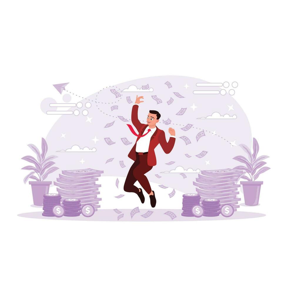 en man i en slips hoppar lyckligt mot en lugg av pengar och pengar regnar i de bakgrund. trend modern vektor platt illustration.