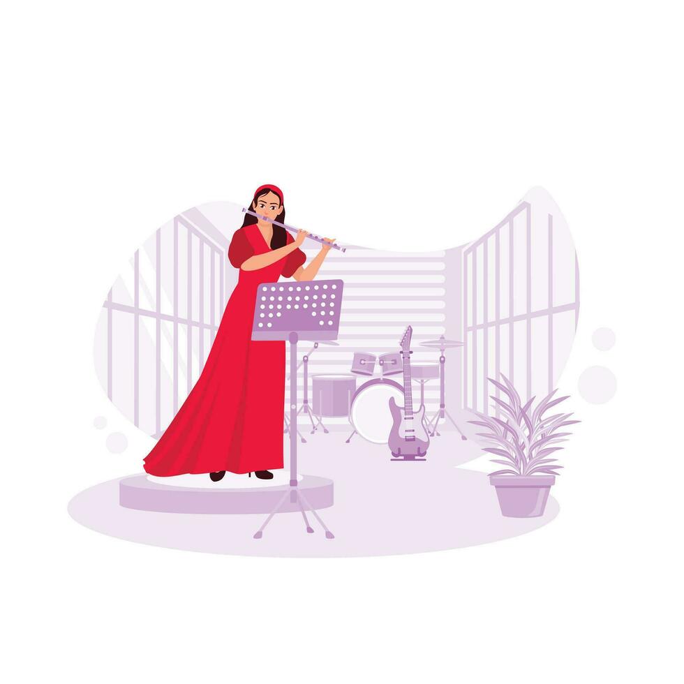 schön Mädchen im ein lange Kleid durchführen ein Lied auf ein Flöte. Trend modern Vektor eben Illustration