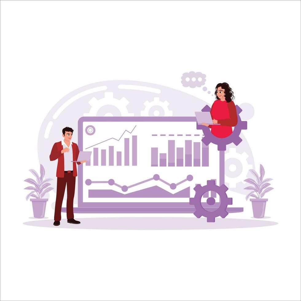 skärm med en visa av diagram och grafer analyseras förbi anställda. företag bokföring analys begrepp. trend modern vektor platt illustration.