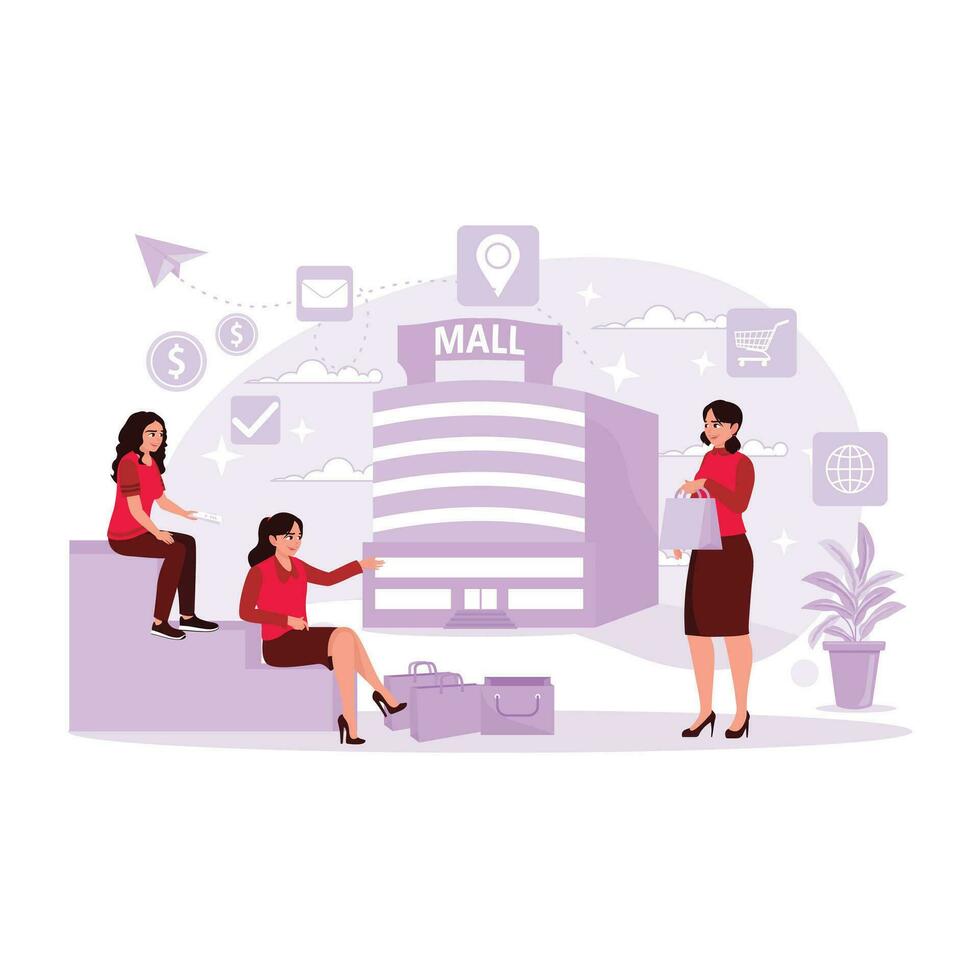 Porträt von ein groß Einkaufszentrum mit drei jung Mädchen chatten und Tragen Einkaufen Taschen. Trend modern Vektor eben Illustration.