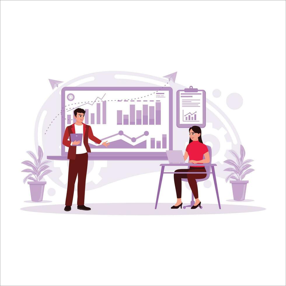 Arbeitsablauf Konzept. Geschäftsmann Investor Analysieren Unternehmen finanziell Bericht. Diagramm von korporativ finanziell Berichte und Verkauf. Trend modern Vektor eben Illustration