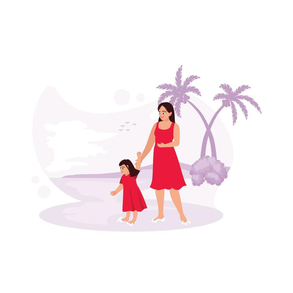 mor och dotter var leende och spelar tillsammans på de strand. trend modern vektor platt illustration