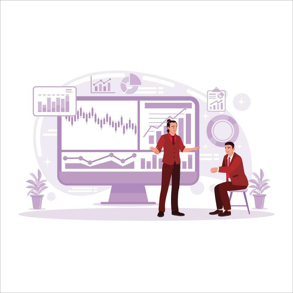 finanziell Handel Manager führt aus Lager Markt Analyse zum Investition Strategie mit finanziell Daten und Diagramme. Trend modern Vektor eben Illustration