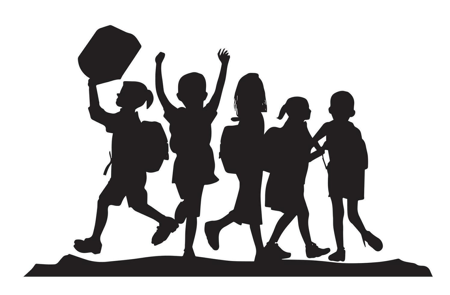 Vektor Silhouette von Gruppe von Kinder Tragen Schule Taschen gehen zu Schule auf Weiß Hintergrund. Symbol von Schule und Ausbildung, zurück zu Schule