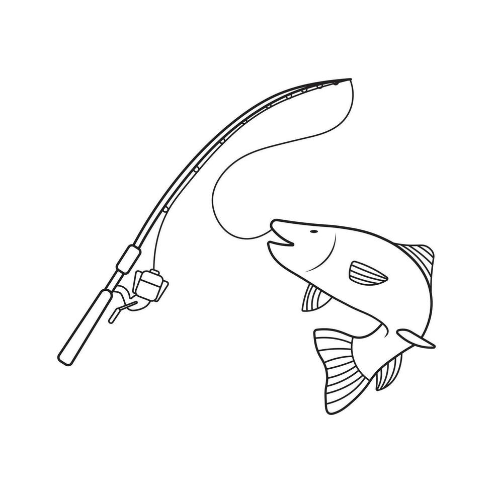 hand dragen barn teckning tecknad serie vektor illustration fisk och fiske stång ikon isolerat på vit bakgrund