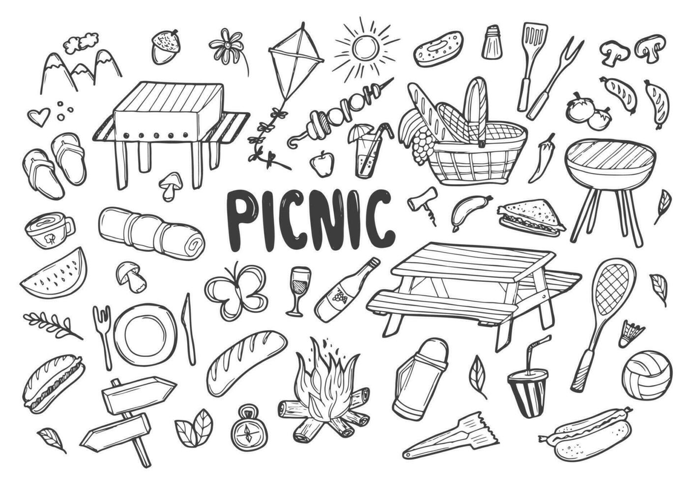 Sommer- Picknick Gekritzel Satz. verschiedene Mahlzeiten, Getränke, Objekte, Sport Aktivitäten. Vektor Illustration isoliert Über Weiß Hintergrund.