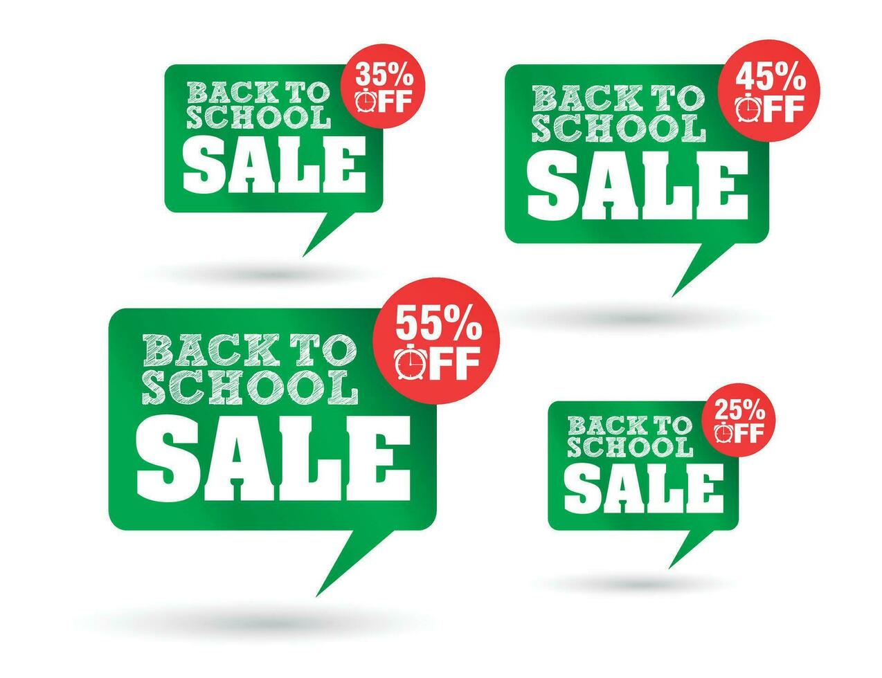 tillbaka till skola försäljning, grön Tal bubbla. försäljning 25, 35, 45, 55 av rabatt vektor