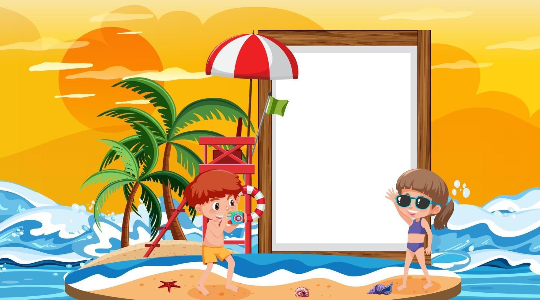 Tom banner mall med barn på semester på stranden solnedgång scen vektor