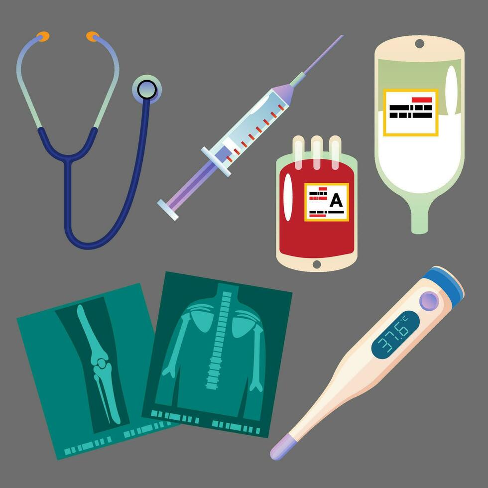 einstellen von medizinisch Symbole. Stethoskop, Spritze, Thermometer, Kochsalzlösung Tasche, Vektor Illustration im eben Stil. medizinisch Ausrüstung.