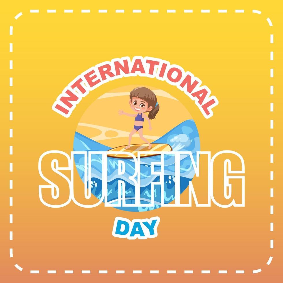 internationell surfing dag banner med en tjej surfare tecknad karaktär vektor