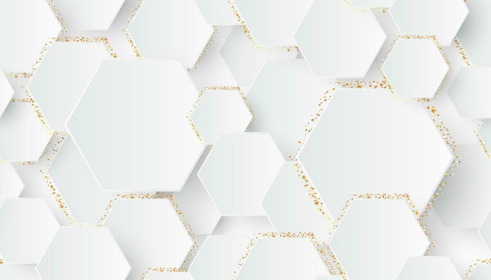 sömlös hexagonal vit med neumorphism element och guld glitter vektor